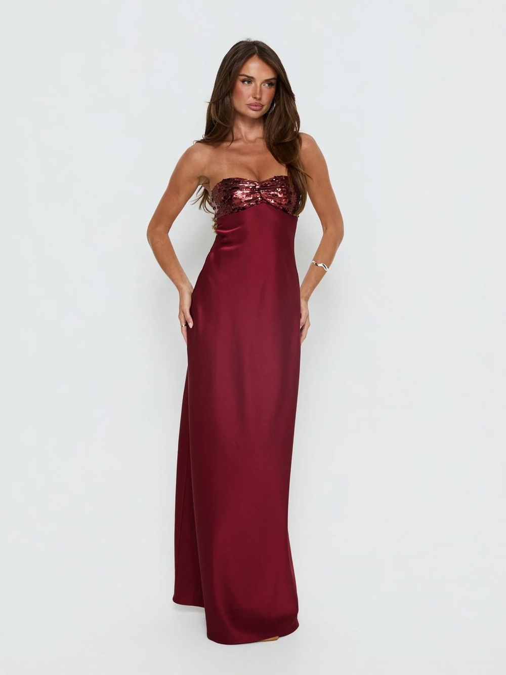 See The Vision Sequin Bust Strapless Maxi Dress Burgundy - Picture 4 of 14